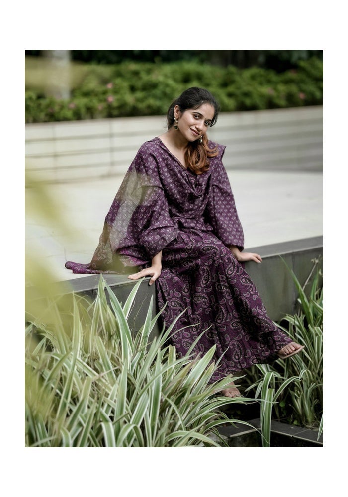 Malishka Export Purple Rayon Printed Anarkali Kurta Pant With Dupatta for Women - Image 5